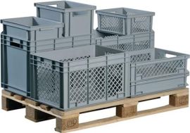 Stackable transport container L400xW300xH170mm grey PP open handle perforated si